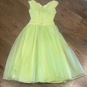 Vintage 1950s Lime Green Tulle Party Dress Handmade Full Skirt Prom Cocktail